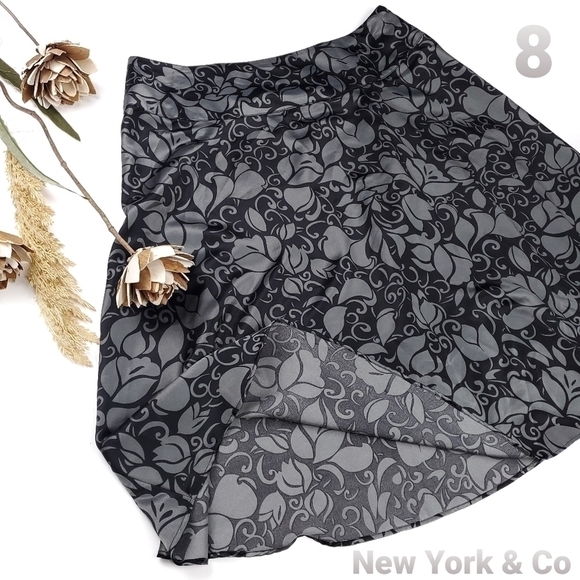 New York & Company Dresses & Skirts - NY & Co Black Silver Satin Floral Skirt 8